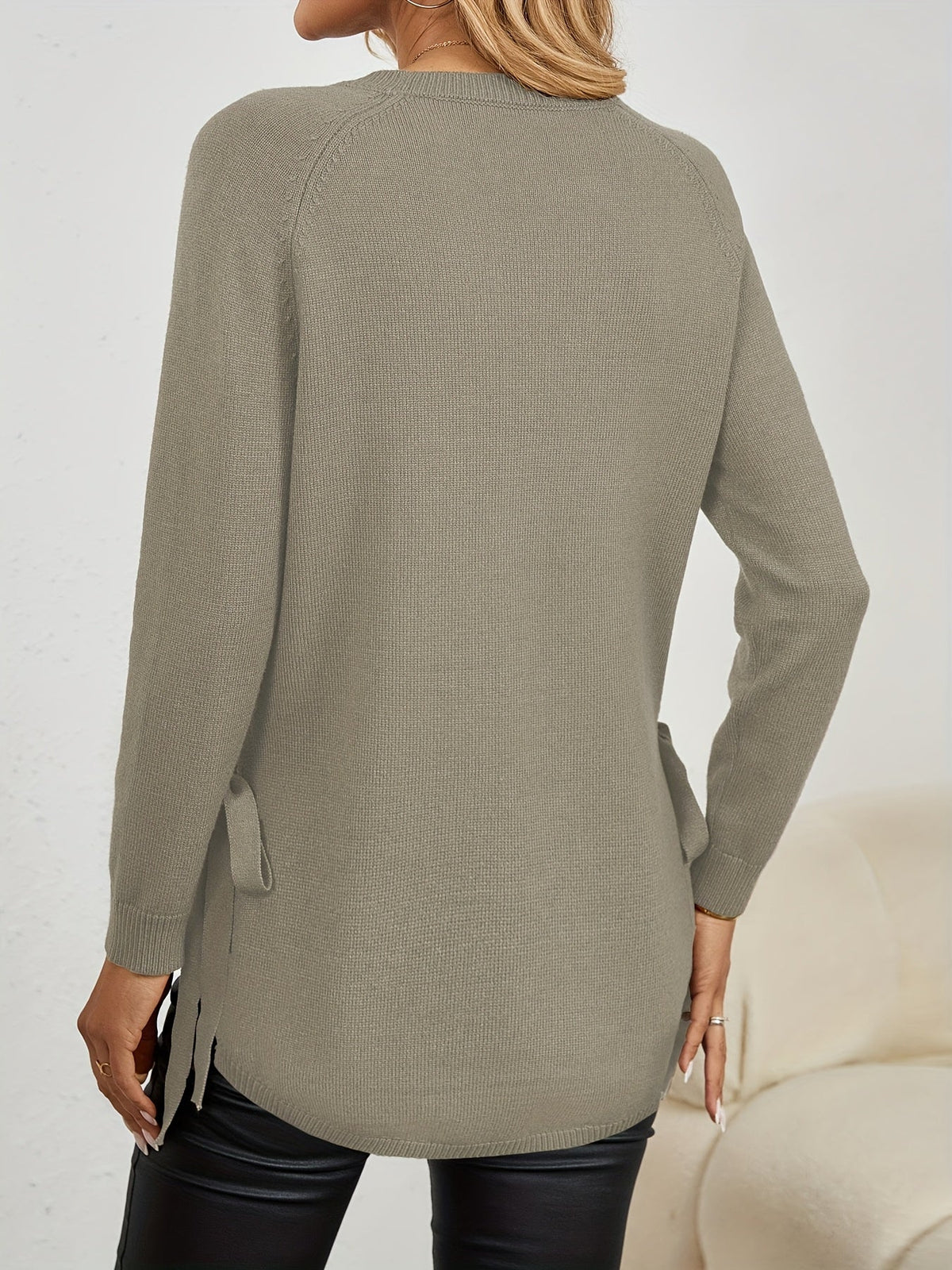 Women's Longline Crew Neck Jumper with Side Bows, view 4