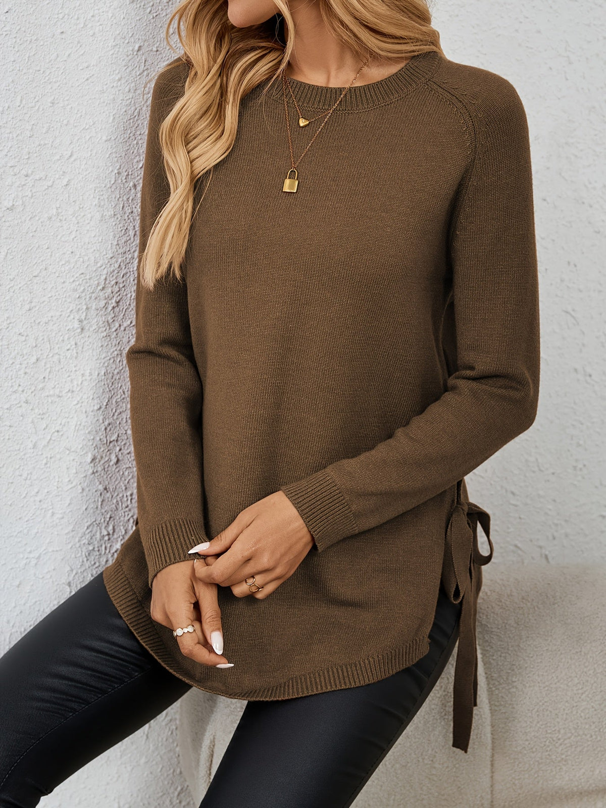 Women's Longline Crew Neck Jumper with Side Bows, Dark Brown, view 5