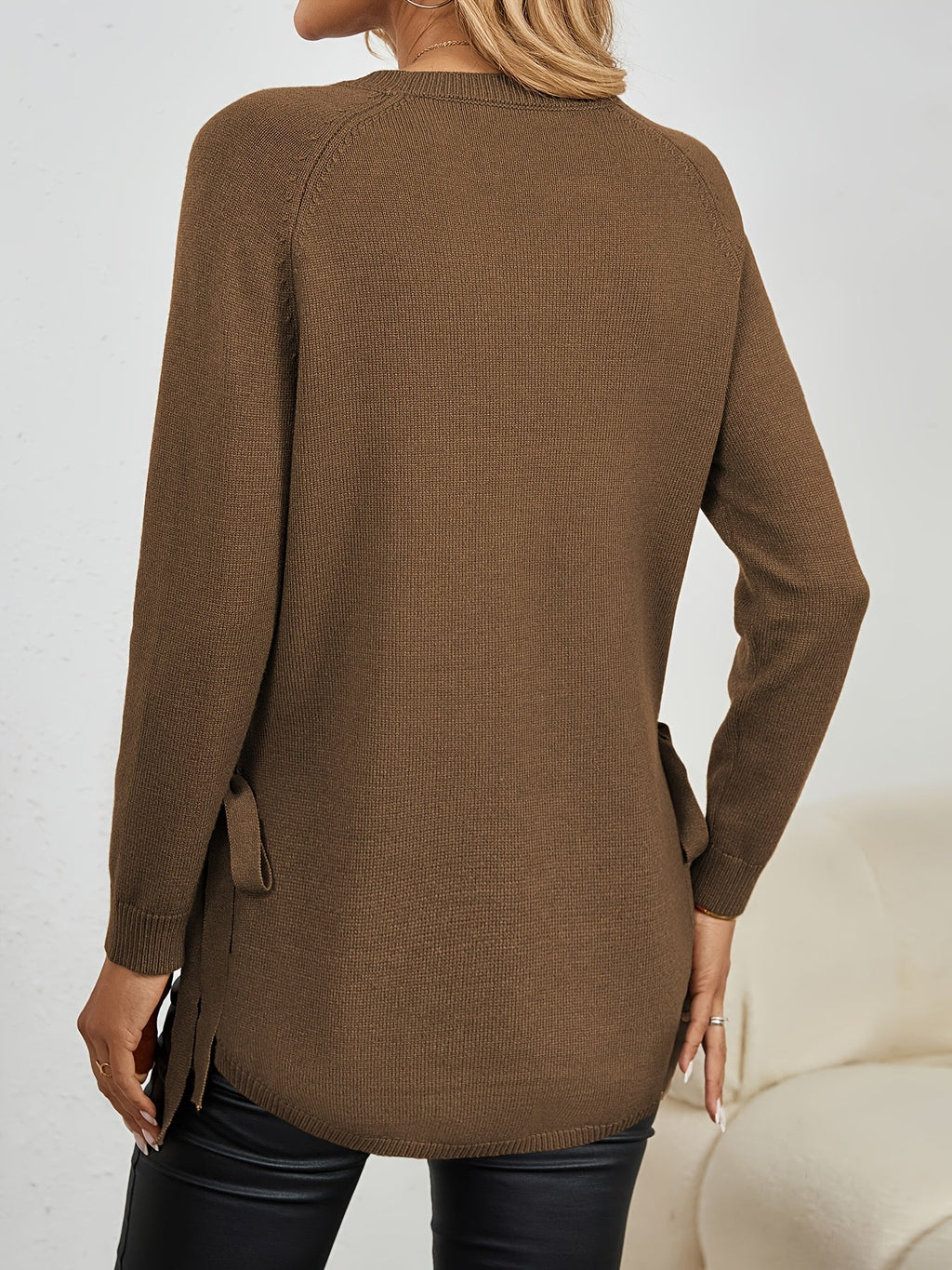 Women's Longline Crew Neck Jumper with Side Bows, view 6
