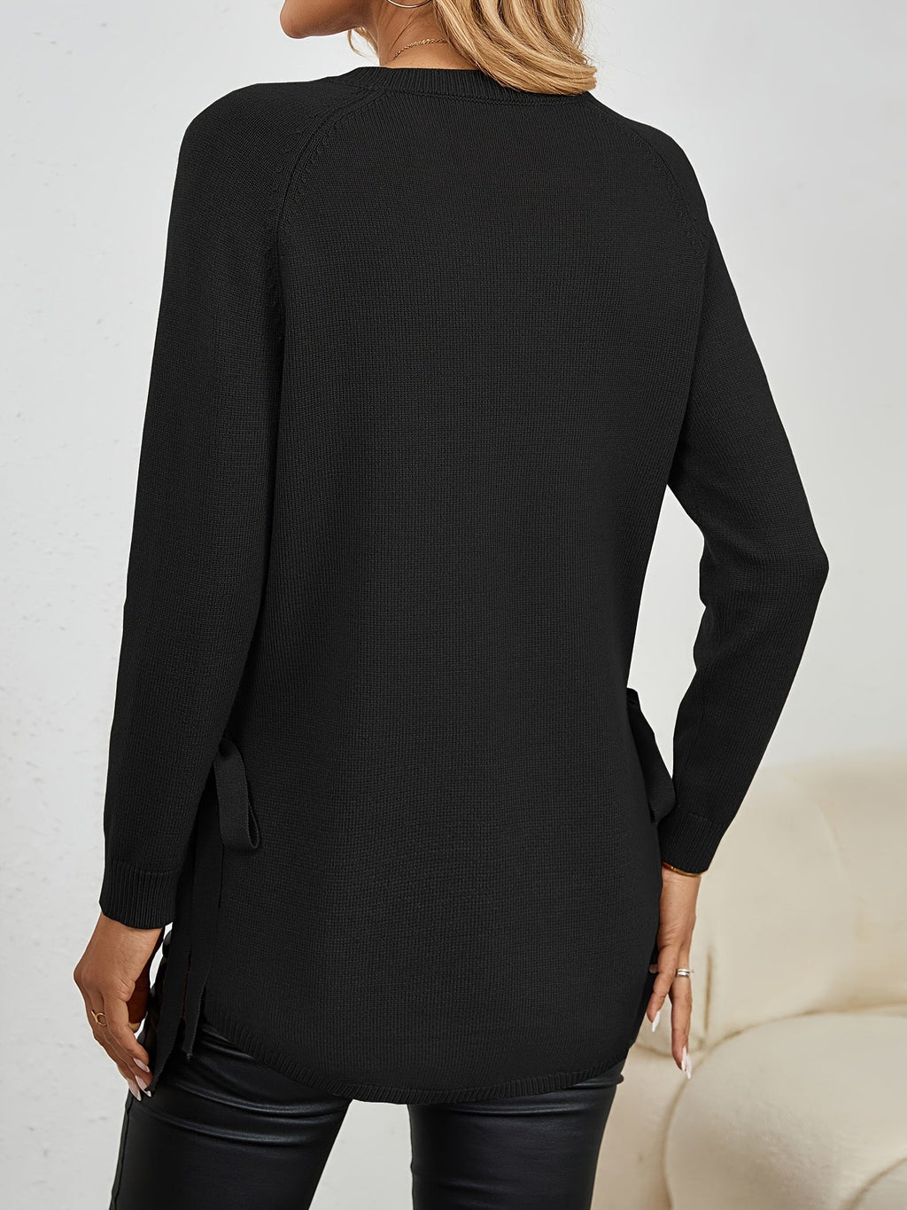 Women's Longline Crew Neck Jumper with Side Bows, view 8