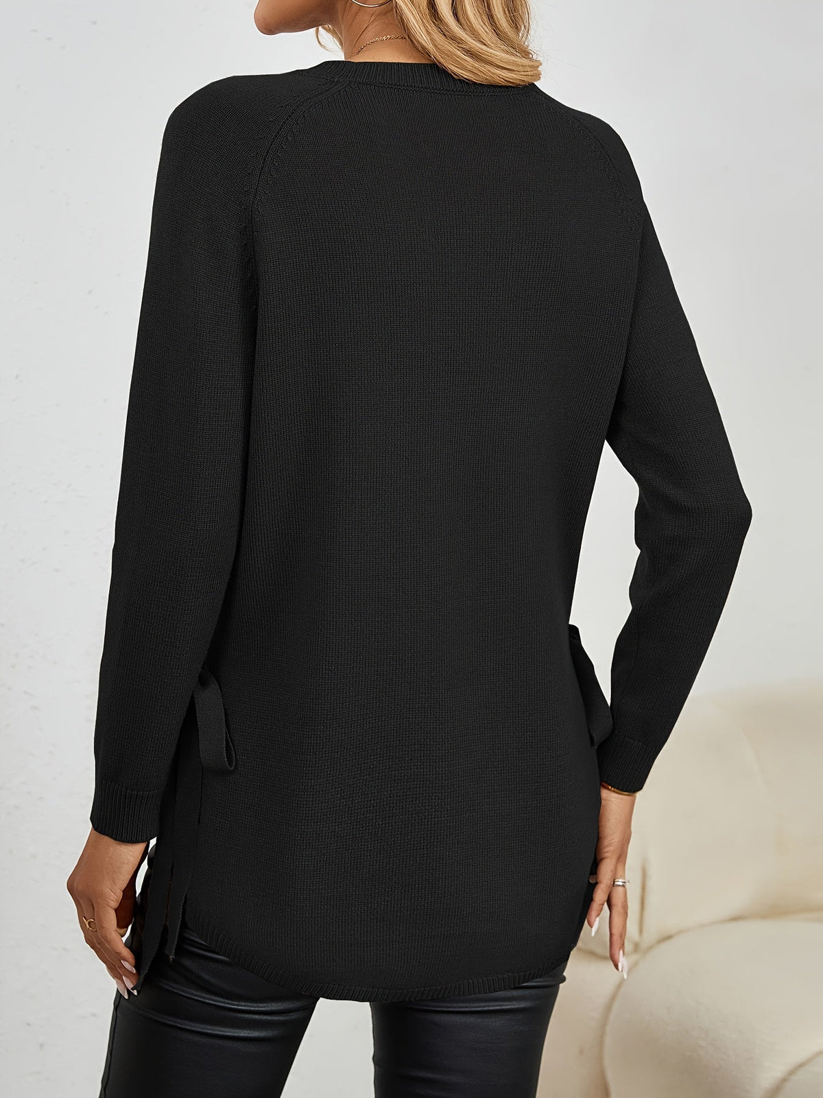 Women's Longline Crew Neck Jumper with Side Bows, view 8