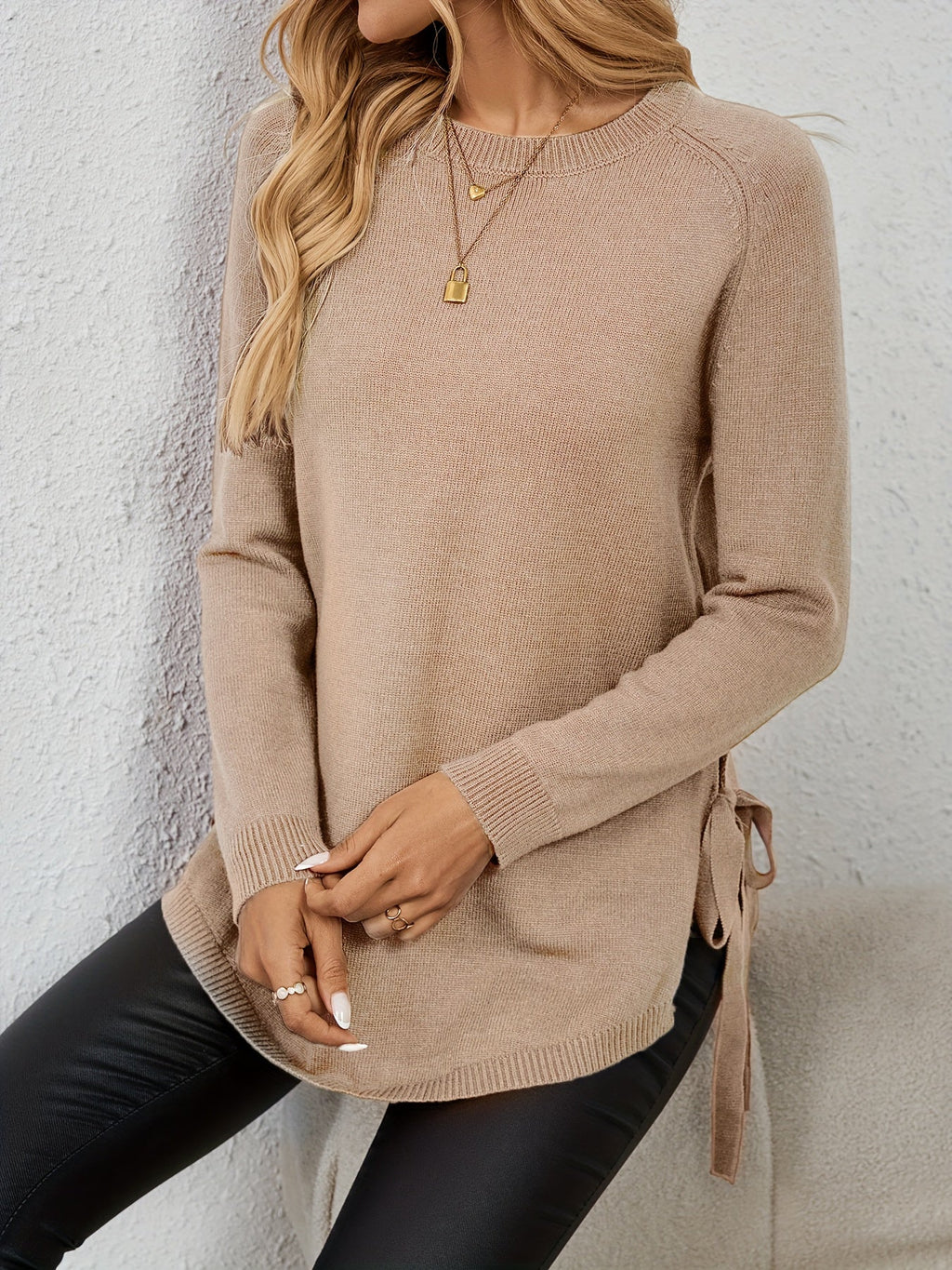 Women's Longline Crew Neck Jumper with Side Bows, Pink, view 9