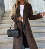 Women's Longline Double-Breasted Coat, Dark Brown, view 1