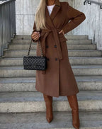 Women's Longline Double-Breasted Coat, Brown, view 2