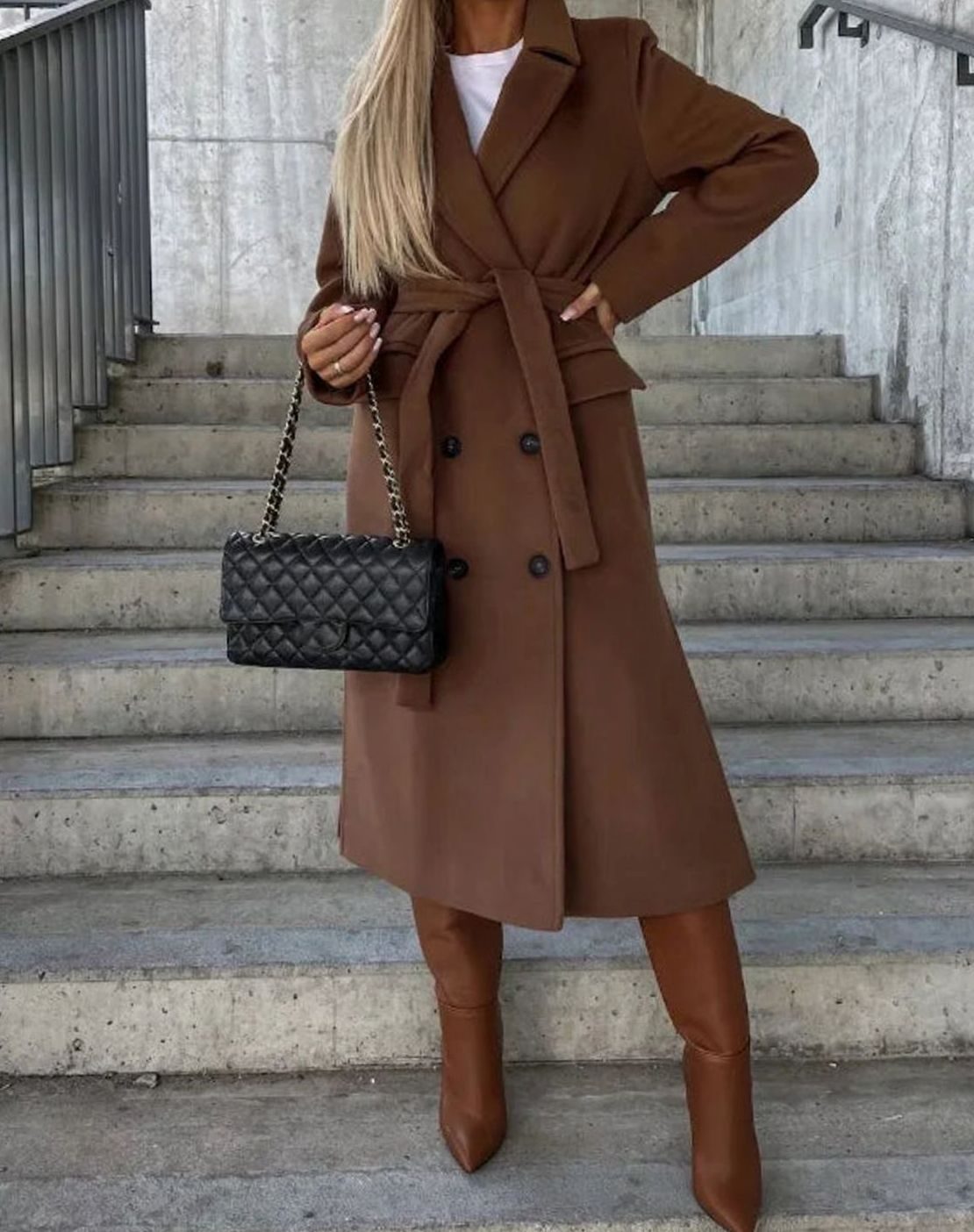 Women's Longline Double-Breasted Coat, Brown, view 2