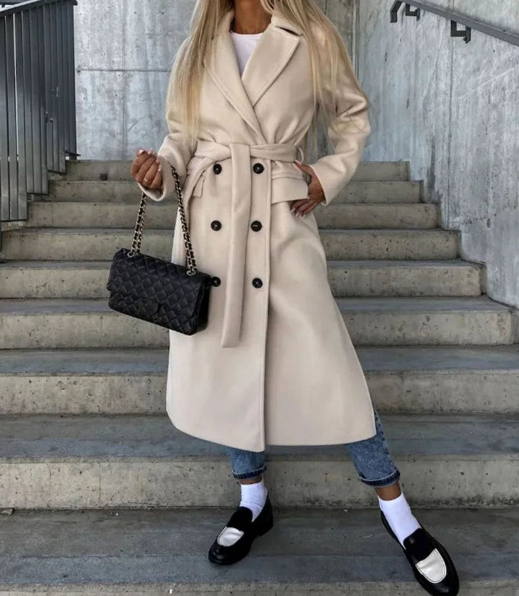 Women's Longline Double-Breasted Coat, Khaki, view 3