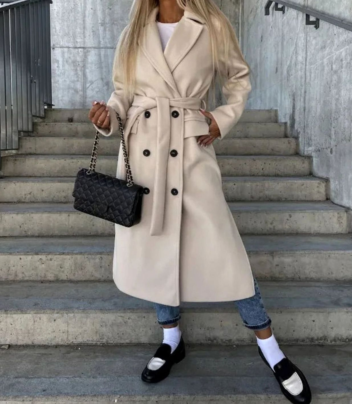 Women's Longline Double-Breasted Coat, Khaki, view 3