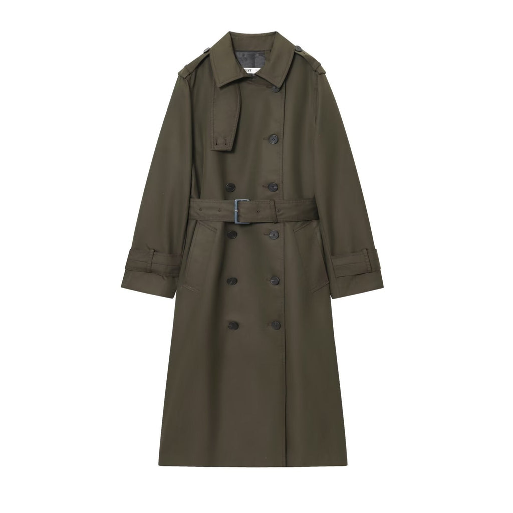 Women's Longline Double-Breasted Trench Coat with Buckle Belt, Dark Green, view 1