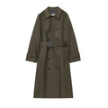 Women's Longline Double-Breasted Trench Coat with Buckle Belt, Dark Green, view 1