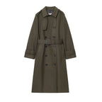 Women's Longline Double-Breasted Trench Coat with Buckle Belt, Dark Green, view 1