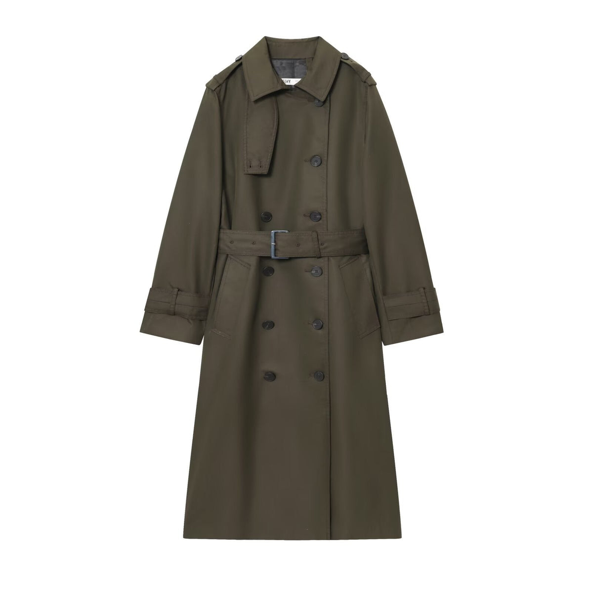 Women's Longline Double-Breasted Trench Coat with Buckle Belt, Dark Green, view 1