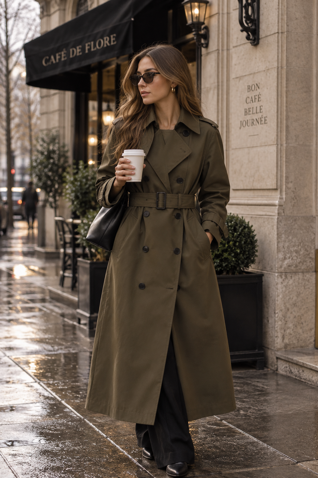 Women's Longline Double-Breasted Trench Coat with Buckle Belt, view 3