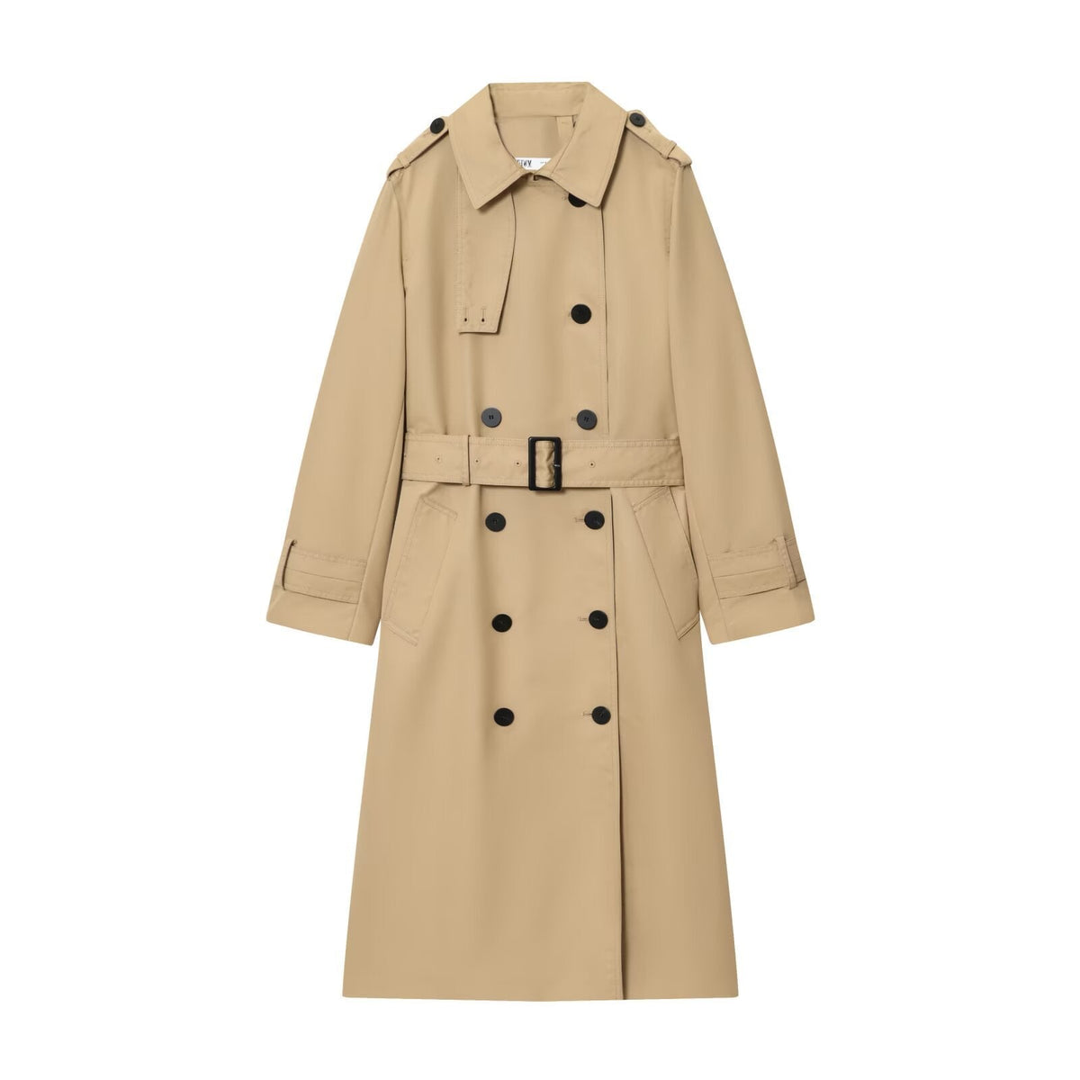 Women's Longline Double-Breasted Trench Coat with Buckle Belt, Beige, view 5