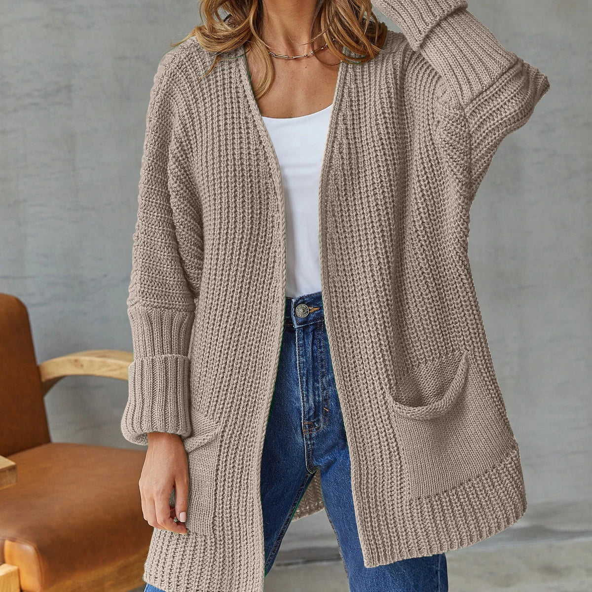 Women's Longline Knit Cardigan with Side Pockets, Beige, view 3