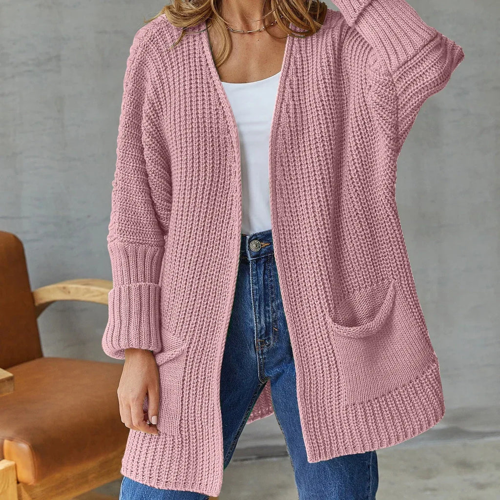 Women's Longline Knit Cardigan with Side Pockets, Pink, view 4