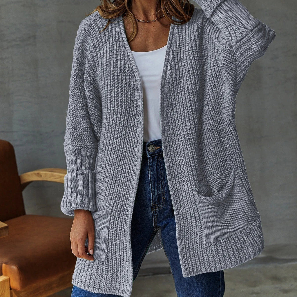 Women's Longline Knit Cardigan with Side Pockets, Grey, view 5