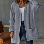 Women's Longline Knit Cardigan with Side Pockets, Grey, view 5