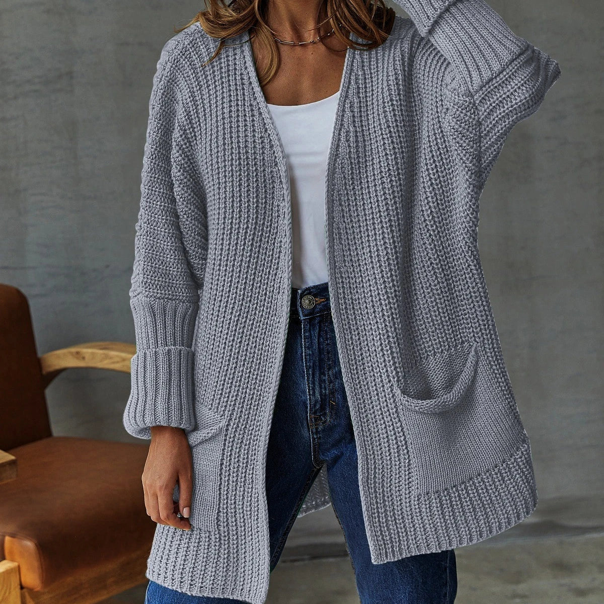 Women's Longline Knit Cardigan with Side Pockets, Grey, view 5