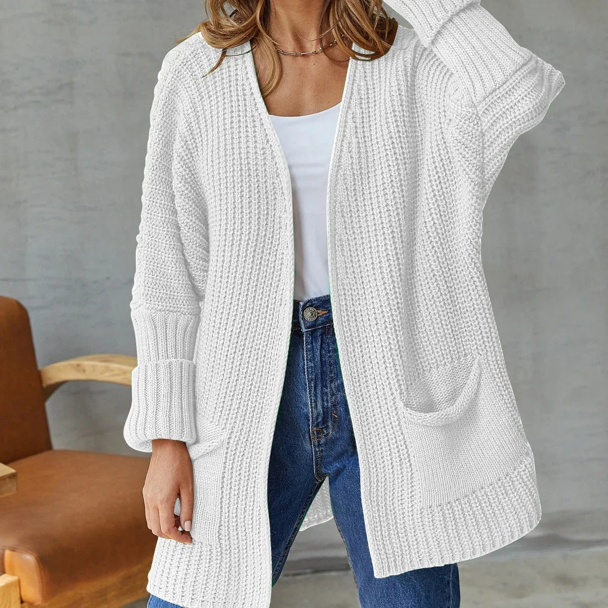 Women's Longline Knit Cardigan with Side Pockets, White, view 6