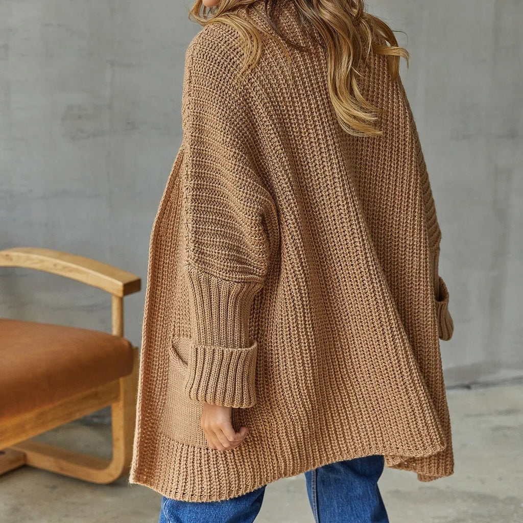 Women's Longline Knit Cardigan with Side Pockets, Brown, view 7