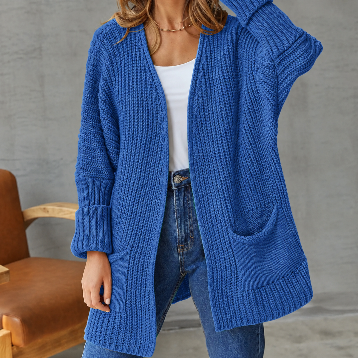 Women's Longline Knit Cardigan with Side Pockets, Blue, view 8