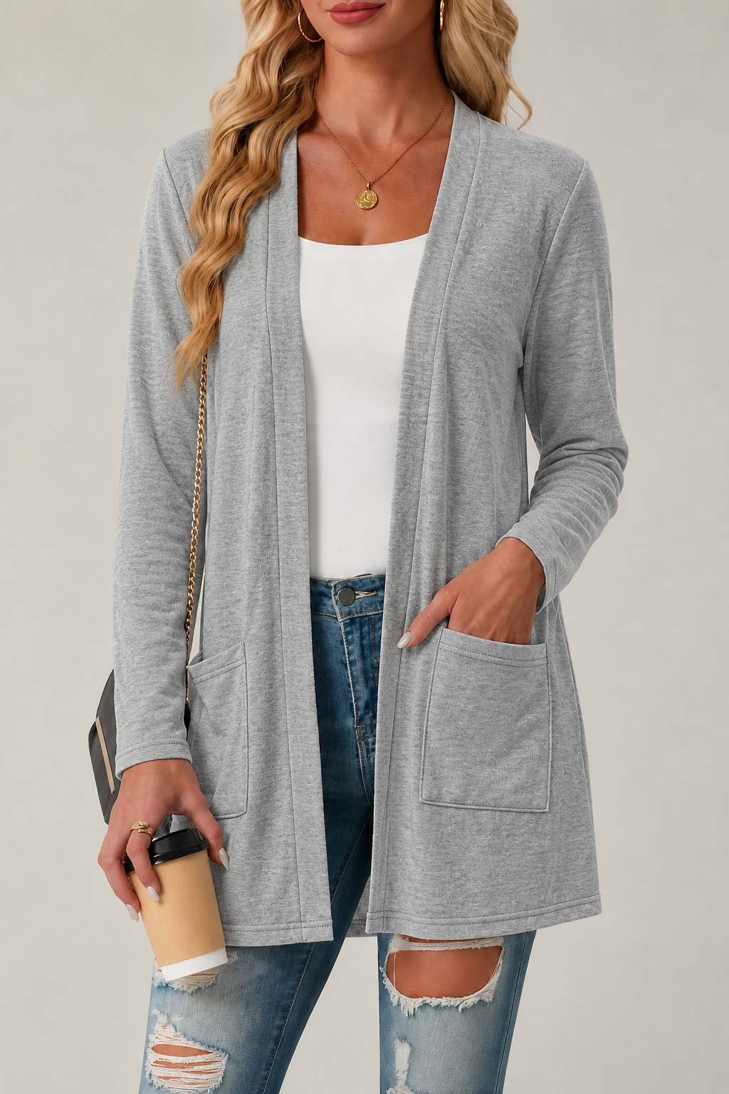 Women's Longline Open-Front Cardigan with Patch Pockets, Light Grey, view 1