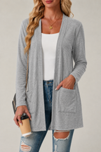 Women's Longline Open-Front Cardigan with Patch Pockets, Light Grey, view 1