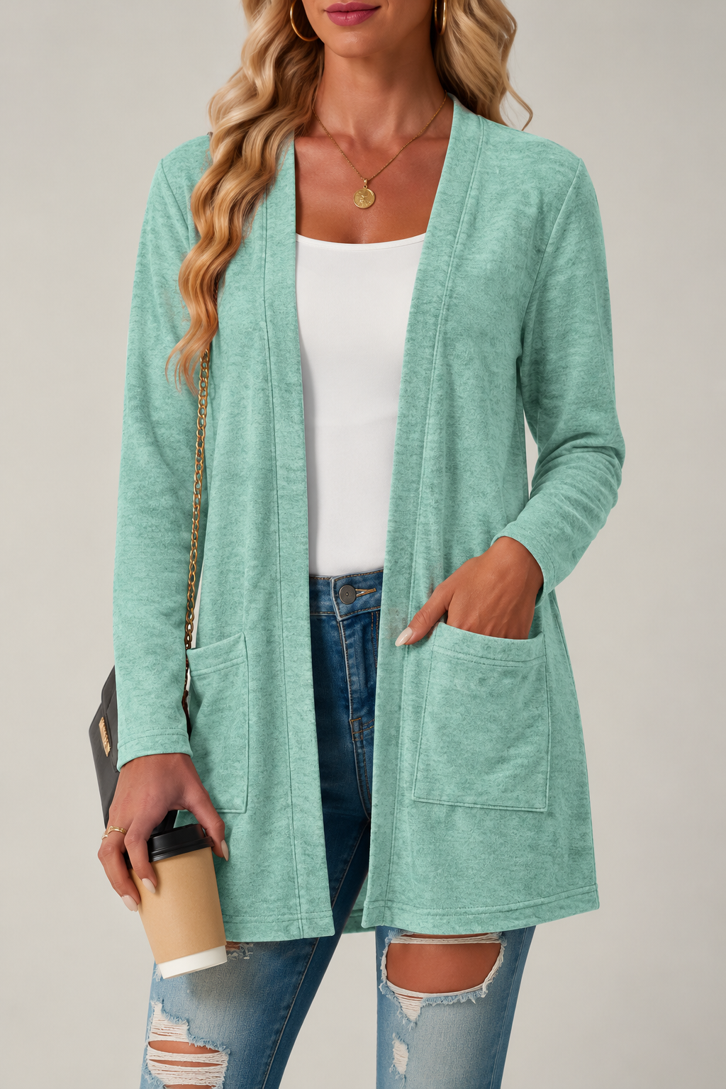 Women's Longline Open-Front Cardigan with Patch Pockets, Light Green, view 3