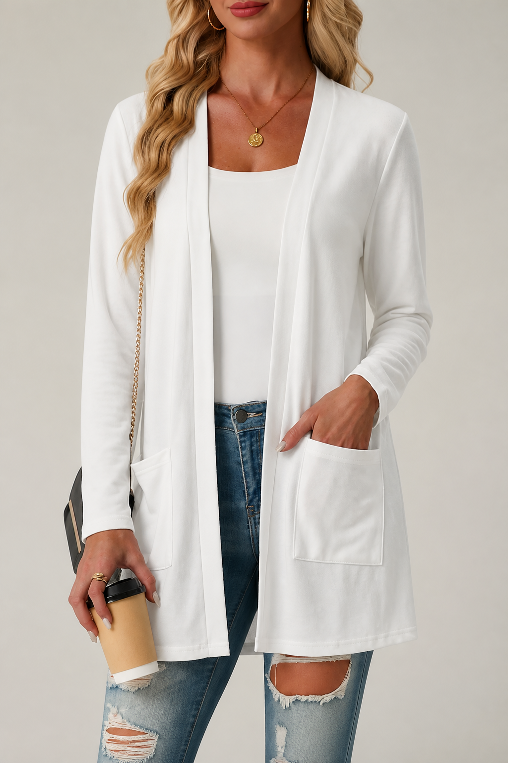 Women's Longline Open-Front Cardigan with Patch Pockets, White, view 5