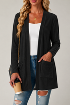 Women's Longline Open-Front Cardigan with Patch Pockets, Black, view 6