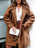 Women's Longline Open-Front Teddy Coat, Brown, view 1