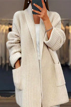 Women's Longline Waffle Knit Cardigan with Shawl Collar, Beige, view 1