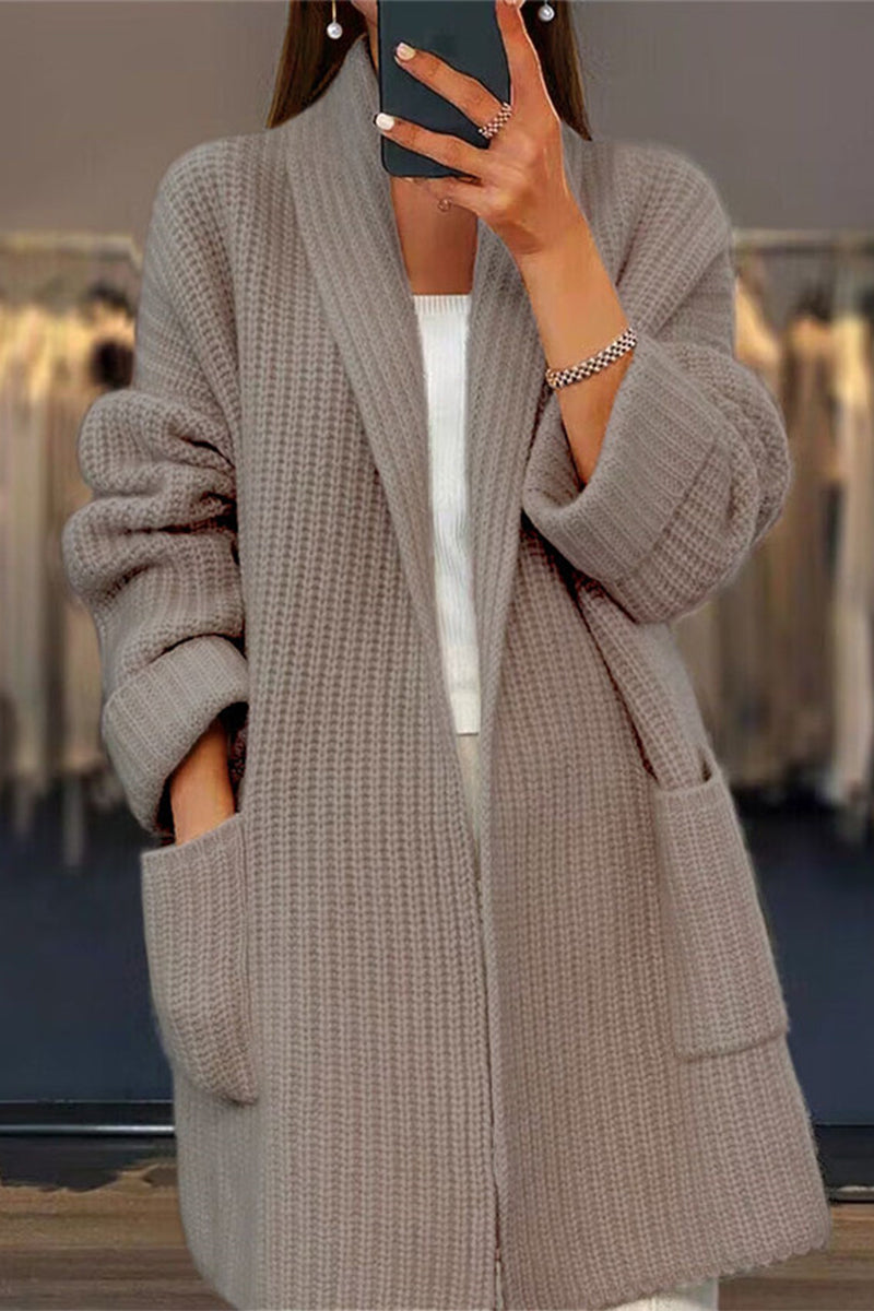 Women's Longline Waffle Knit Cardigan with Shawl Collar, Grey, view 2