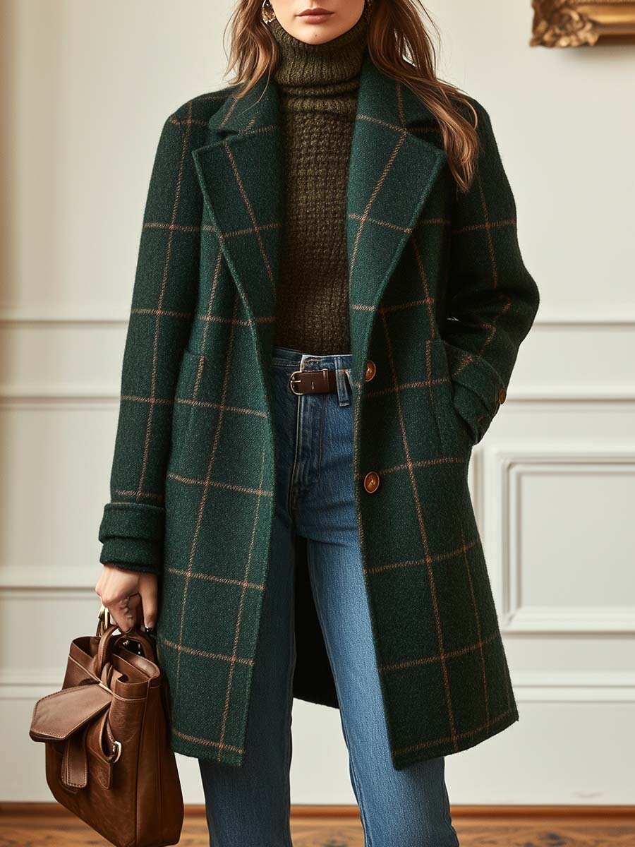 Women's Longline Windowpane-Check Coat, Green, view 1