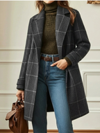 Women's Longline Windowpane-Check Coat, Grey, view 3