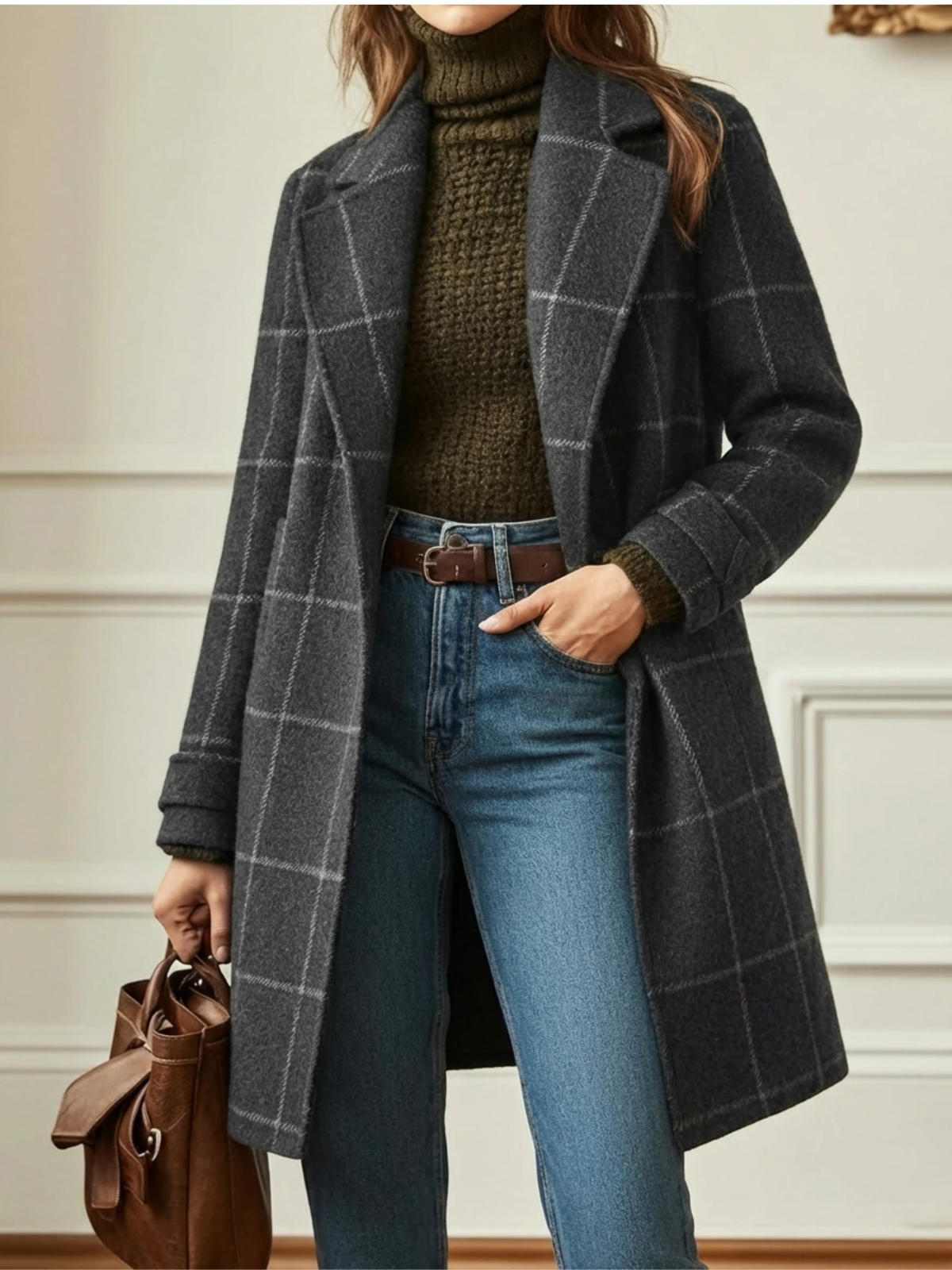 Women's Longline Windowpane-Check Coat, Grey, view 3