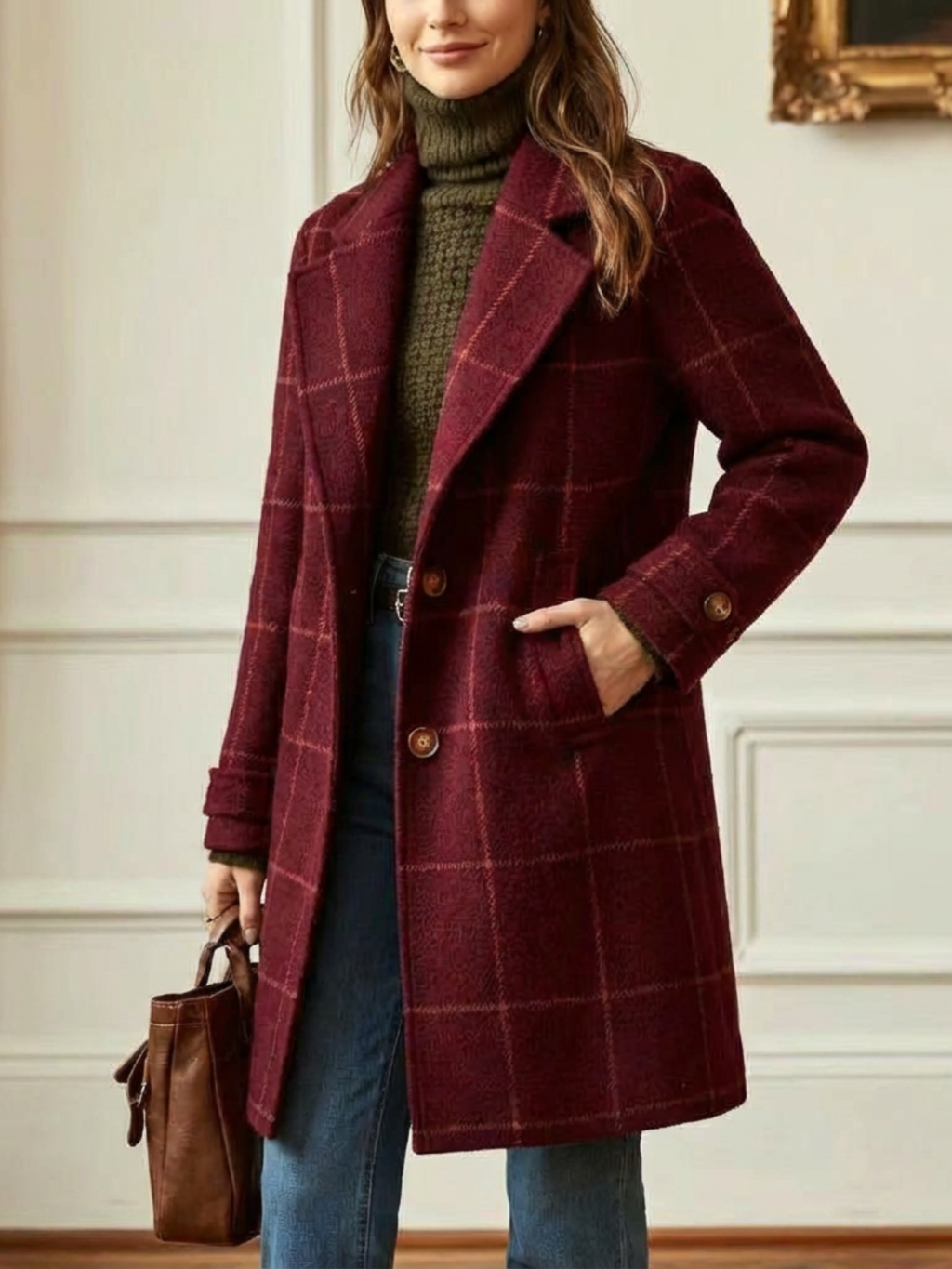 Women's Longline Windowpane-Check Coat, Burgundy, view 4