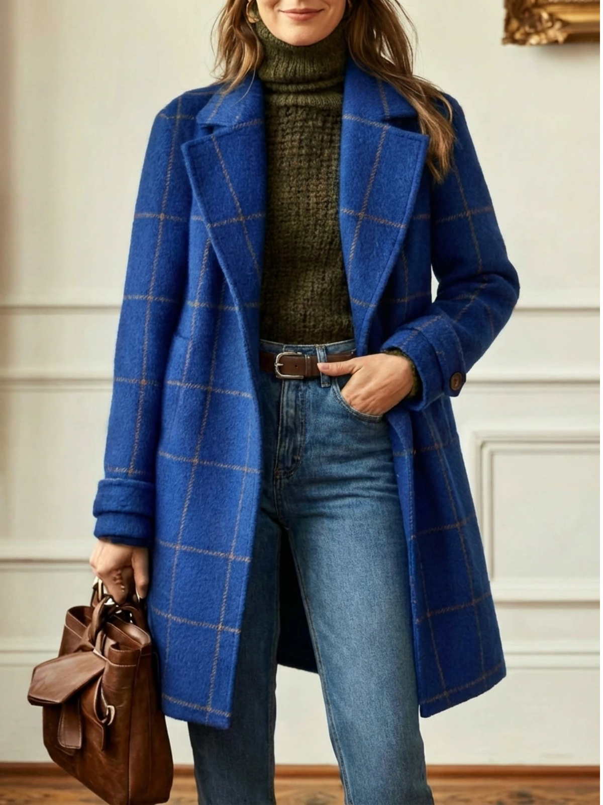 Women's Longline Windowpane-Check Coat, Blue, view 5