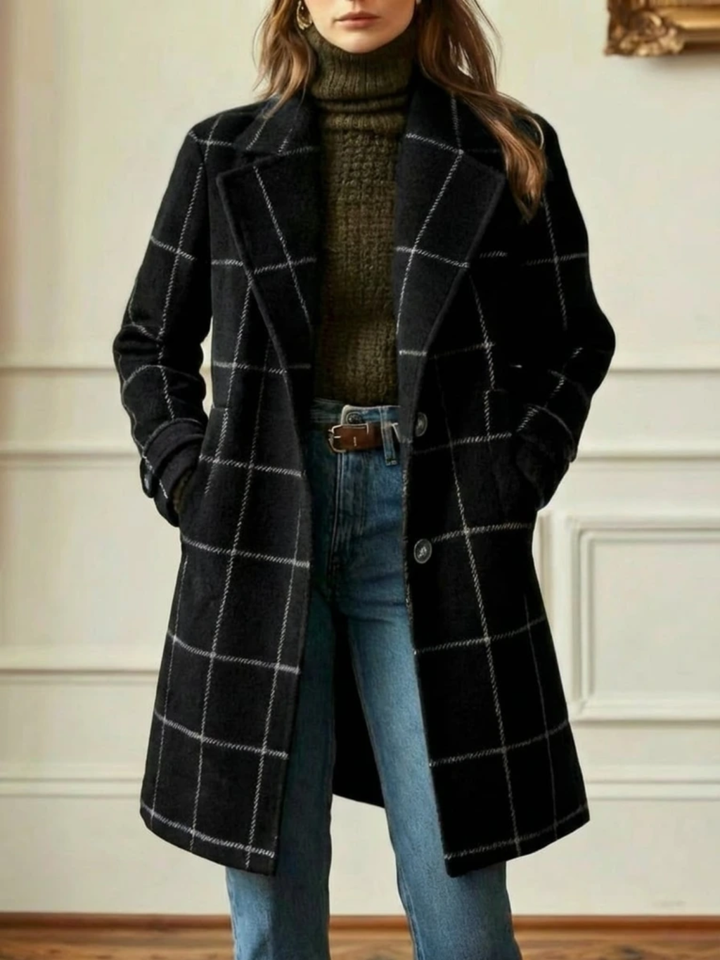 Women's Longline Windowpane-Check Coat, Black, view 6