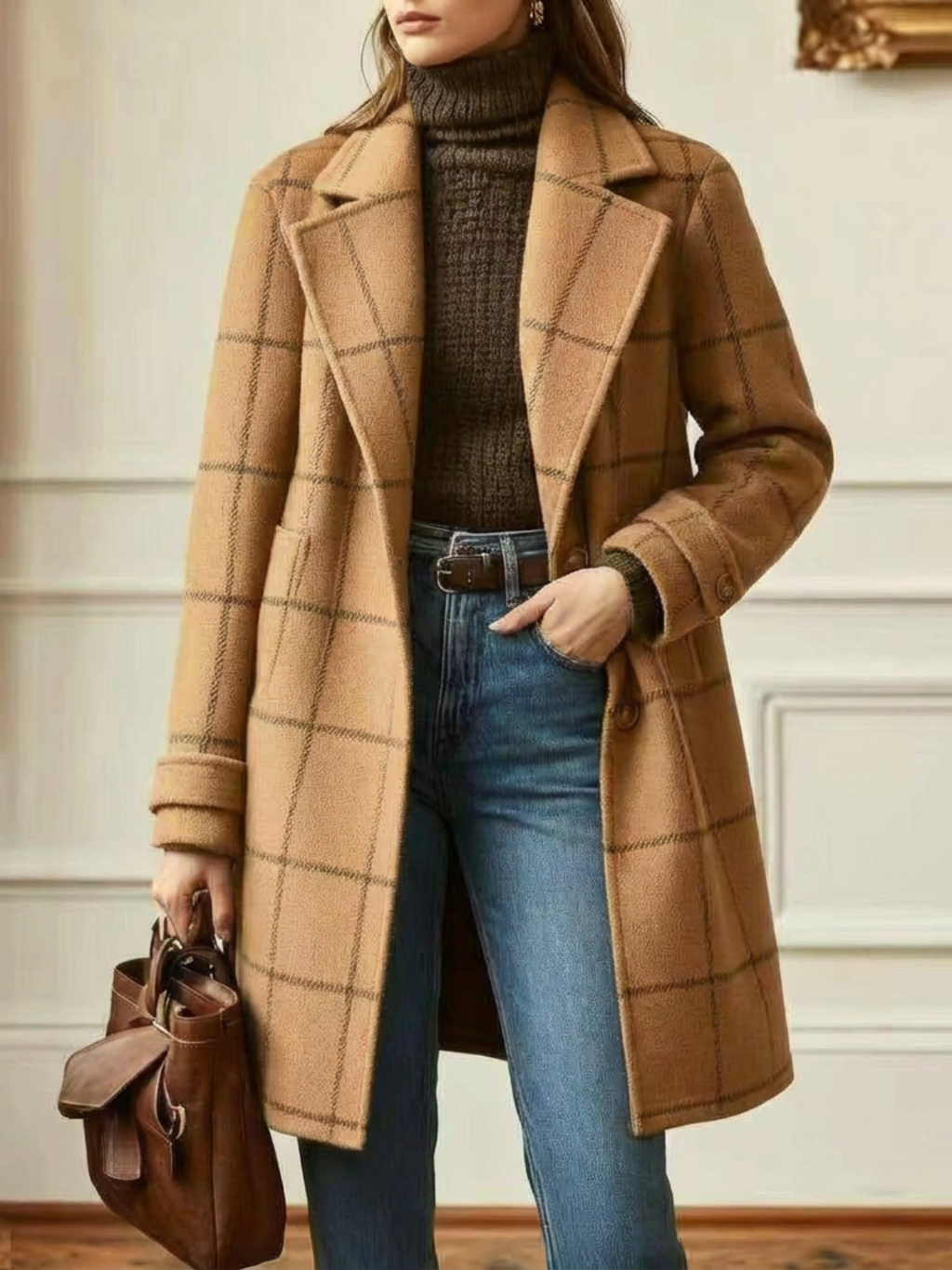 Women's Longline Windowpane-Check Coat, Brown, view 7