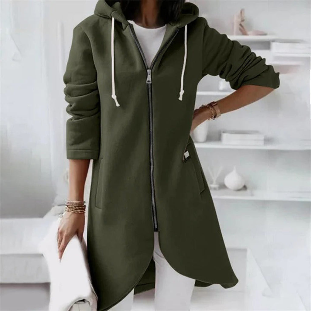 Women's Longline Zip Hoodie with Curved Hem, Green, view 3