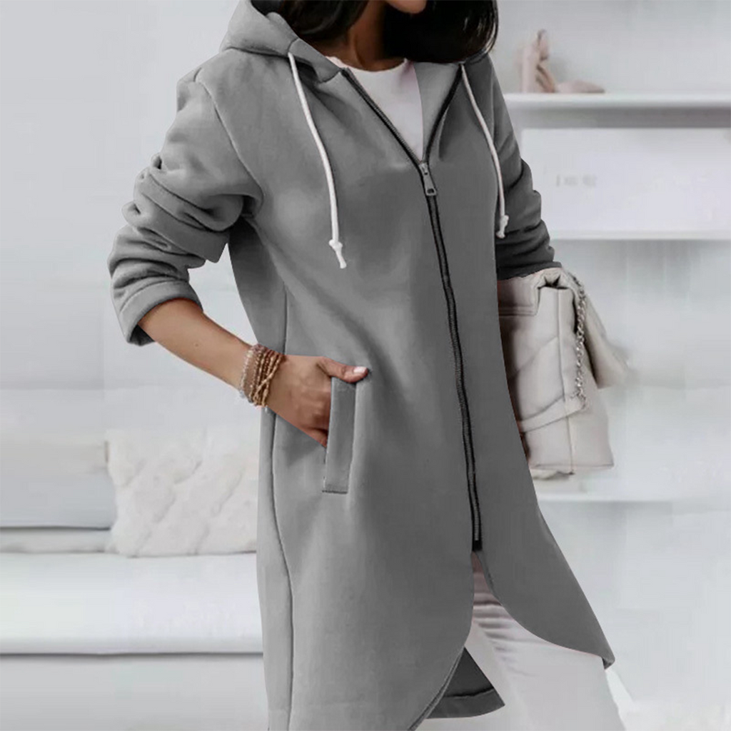 Women's Longline Zip Hoodie with Curved Hem, Grey, view 4