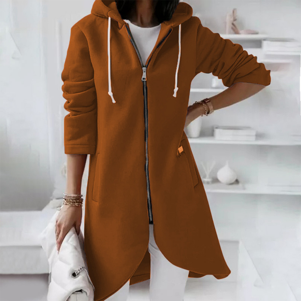 Women's Longline Zip Hoodie with Curved Hem, Coffee, view 5