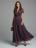 Women's Maxi Dress with Lace Trim and Pleated Skirt, Purple, view 1