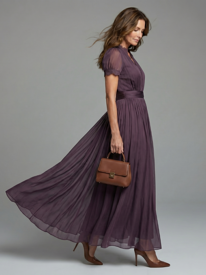 Women's Maxi Dress with Lace Trim and Pleated Skirt, view 2