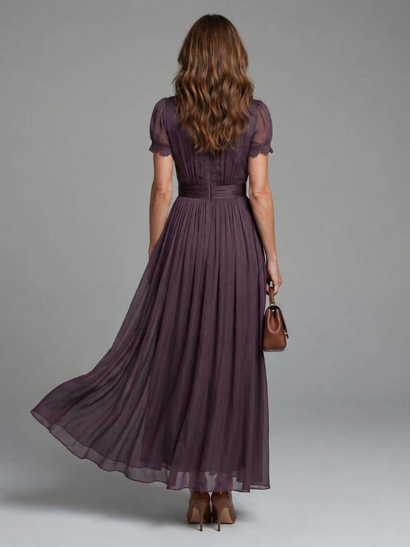 Women's Maxi Dress with Lace Trim and Pleated Skirt, view 3