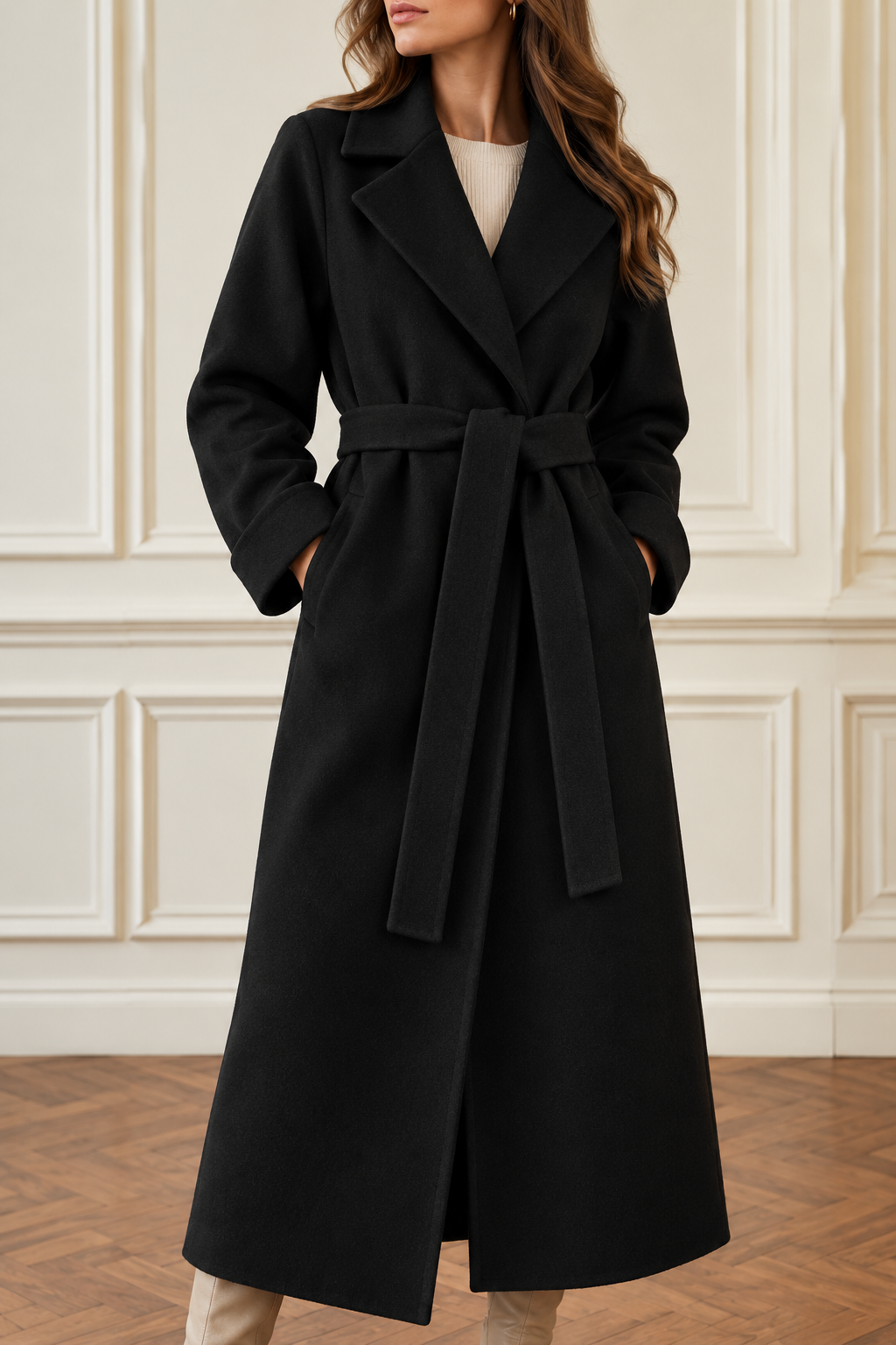 Women's Maxi Wrap Coat with Self-Tie Belt, Black, view 7