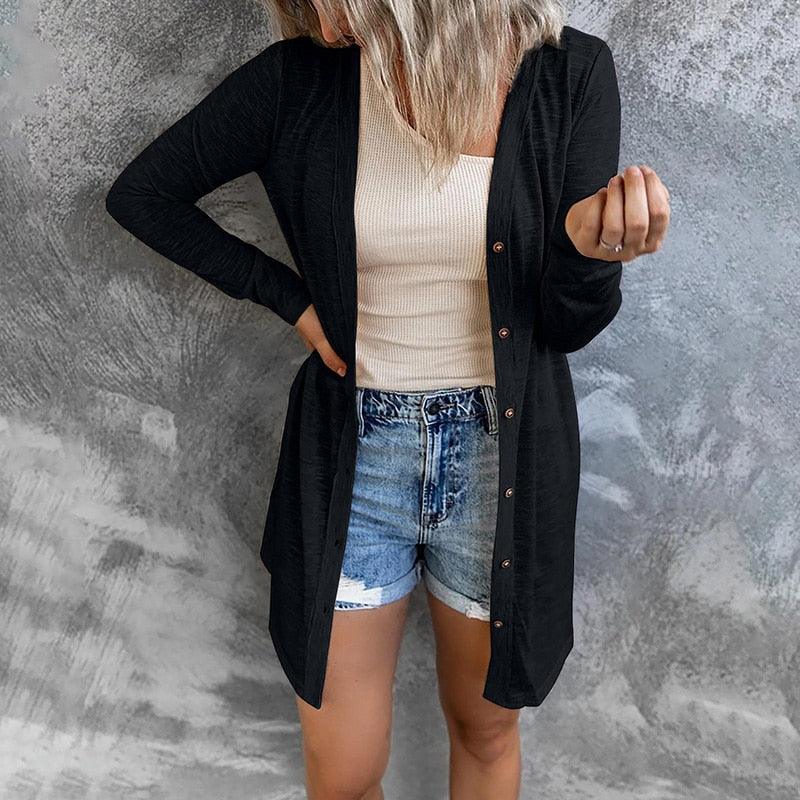 Women's Mid-Thigh Open Front Cardigan with Snap Buttons, Black, view 1