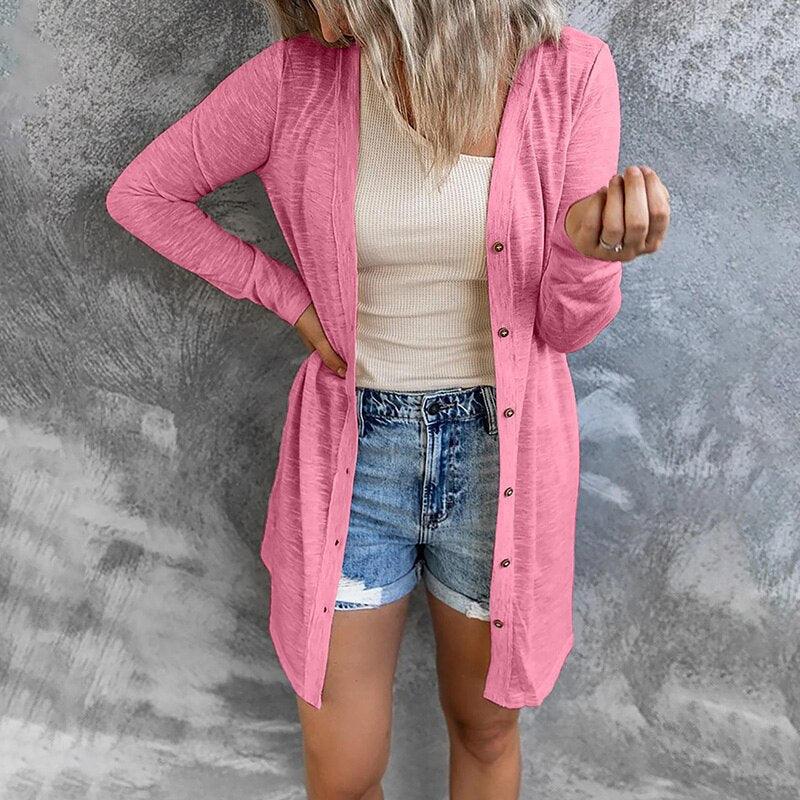Women's Mid-Thigh Open Front Cardigan with Snap Buttons, Pink, view 2