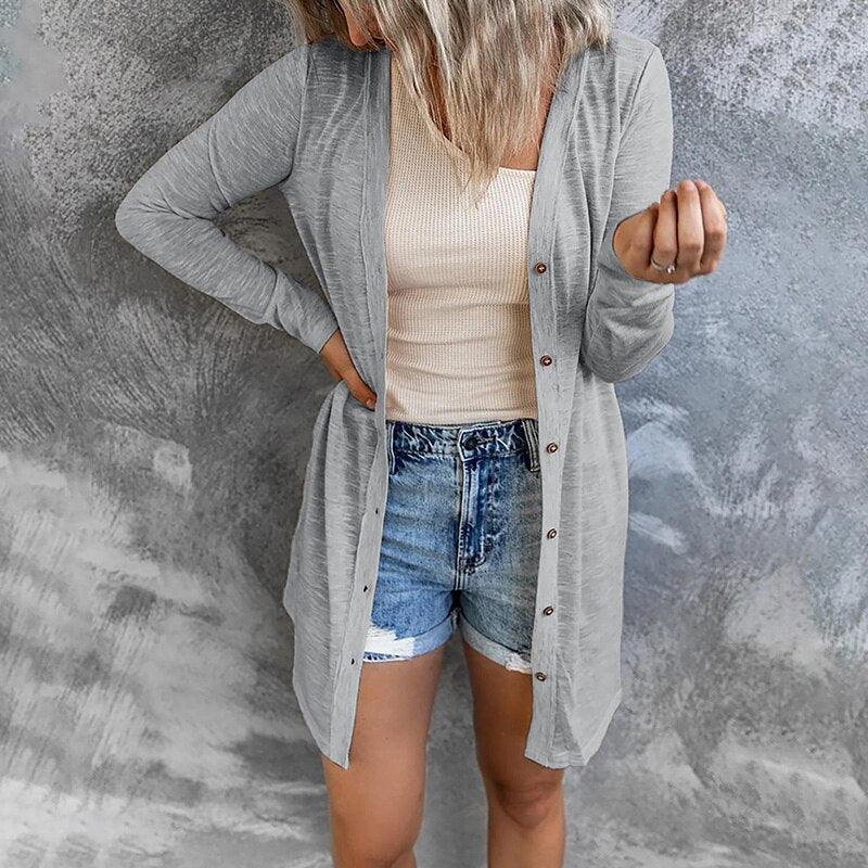 Women's Mid-Thigh Open Front Cardigan with Snap Buttons, Grey, view 3